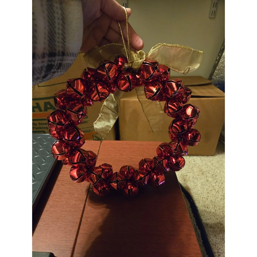 Red Jingle Bell Wreath Gold Bow Christmas Holiday Door Decor Ornament Metallic